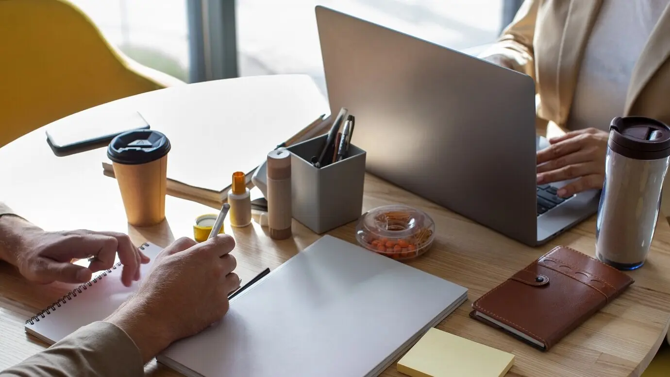 High-angle view of people working in an office